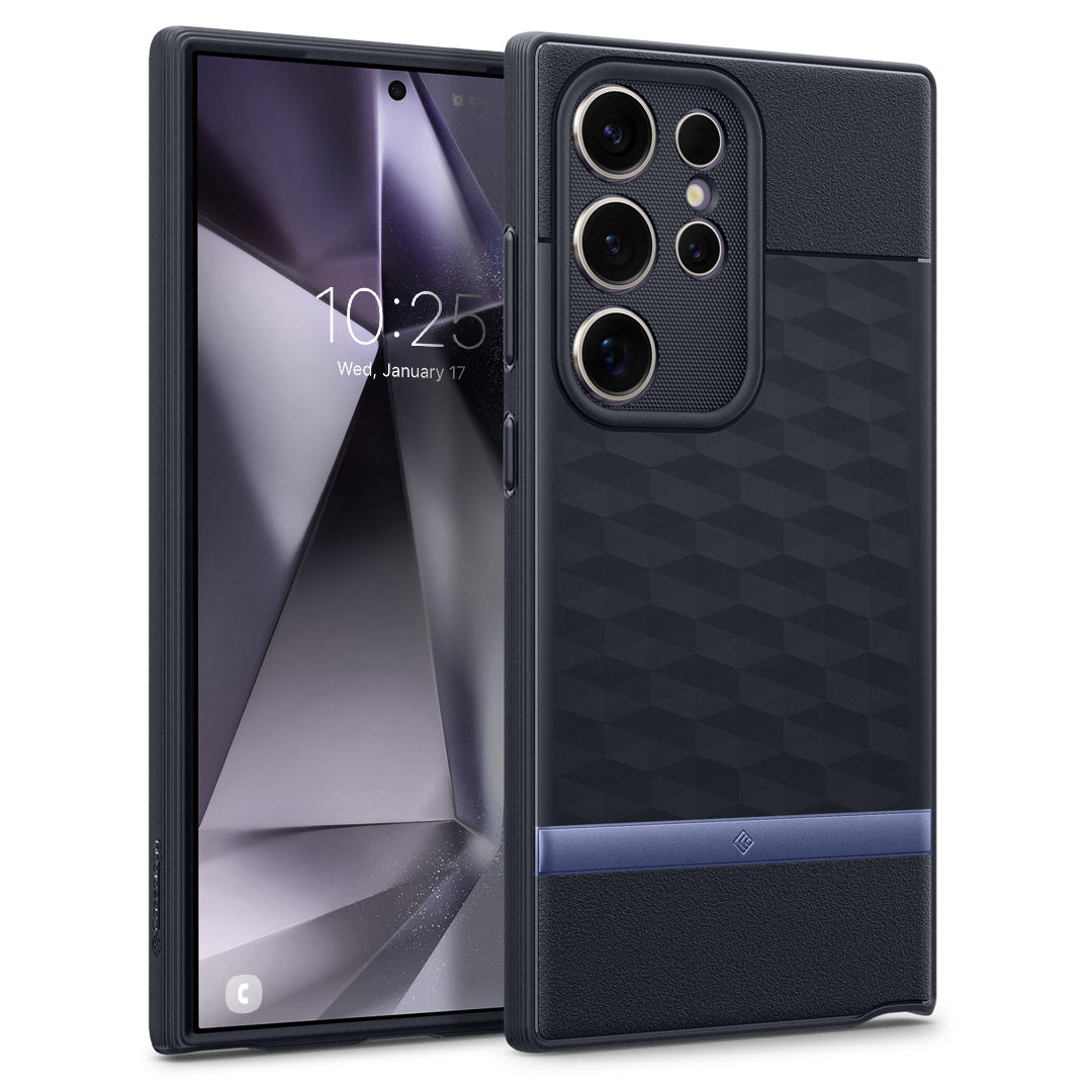 ACS07417 - Galaxy S24 Ultra Case Parallax in Navy Violet showing the back, paralleled to another device facing front