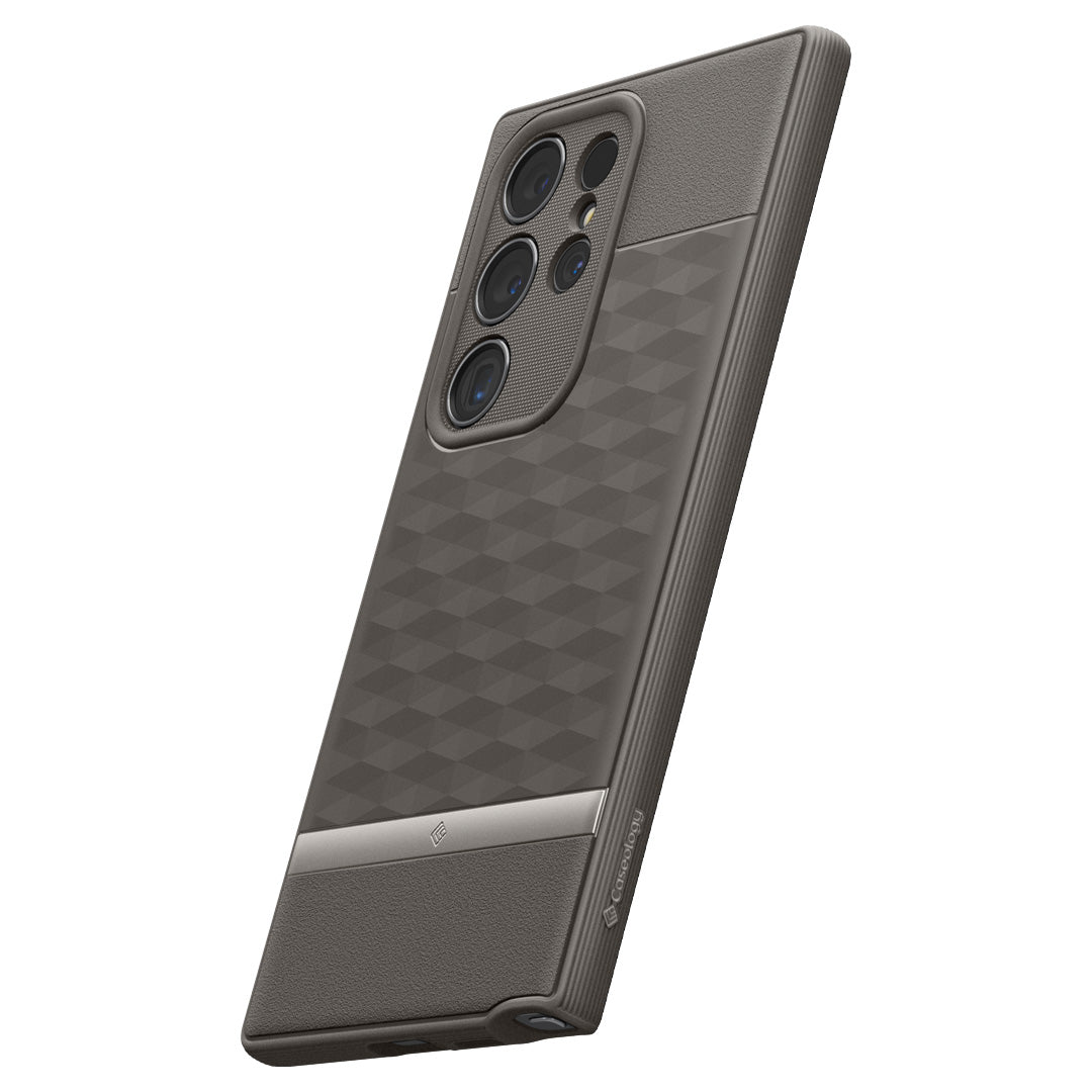 ACS07452 - Galaxy S24 Ultra Case Parallax in Ash Gray showing the back, partial side and bottom