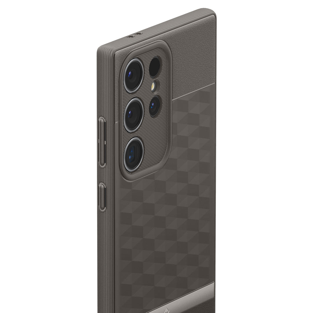 ACS07452 - Galaxy S24 Ultra Case Parallax in Ash Gray showing the back and partial side zoomed in