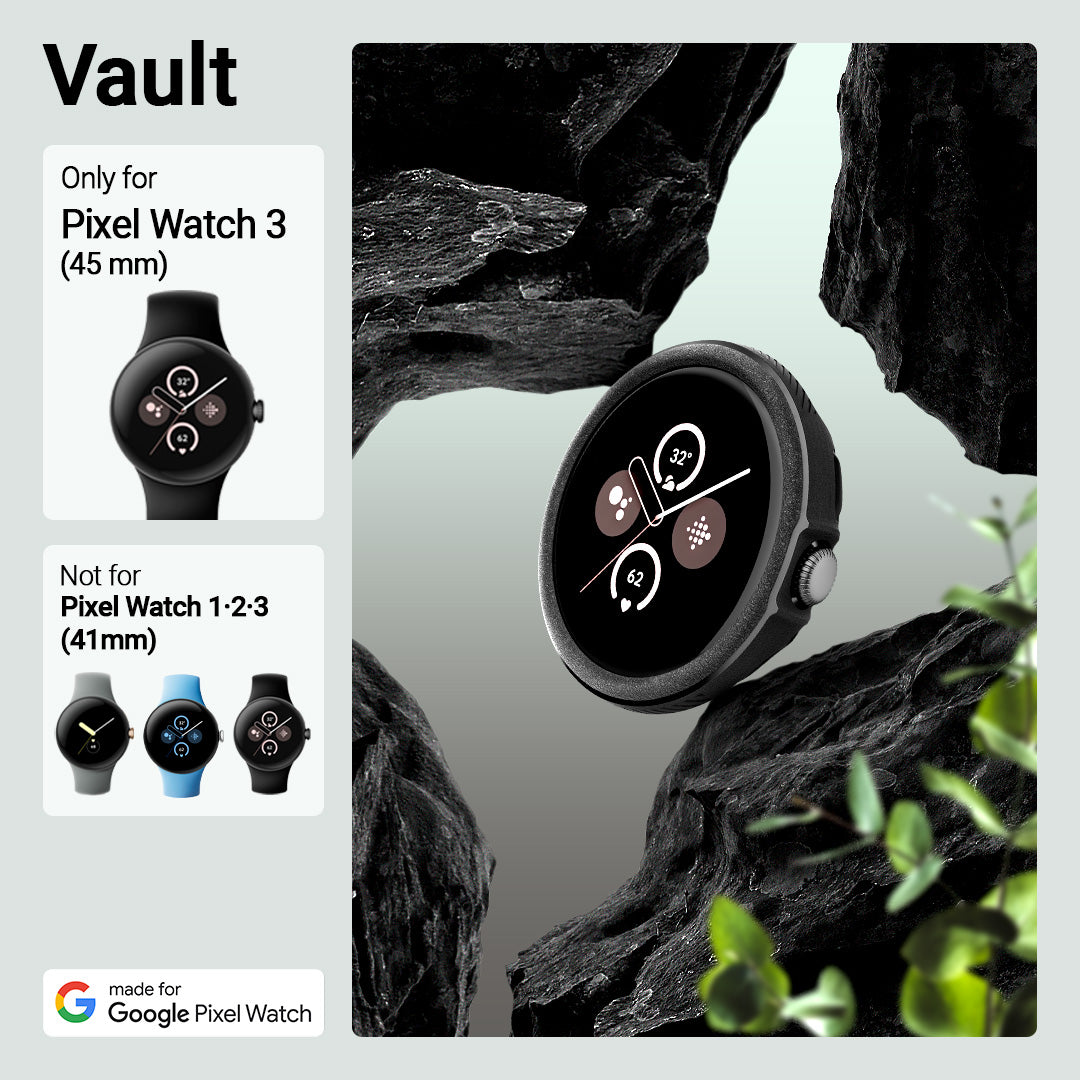 ACS07618 Pixel Watch 3 (45mm) Vault Black showing the compatibility with the Pixel Watch 3 (45mm) only