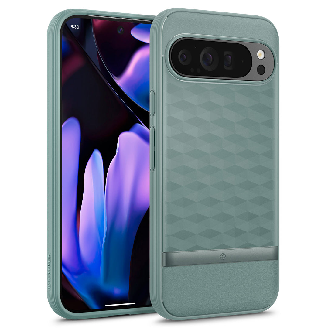 ACS07741 - Pixel 9 Pro XL Case Parallax in Sage Green showing the back, partial sides and front