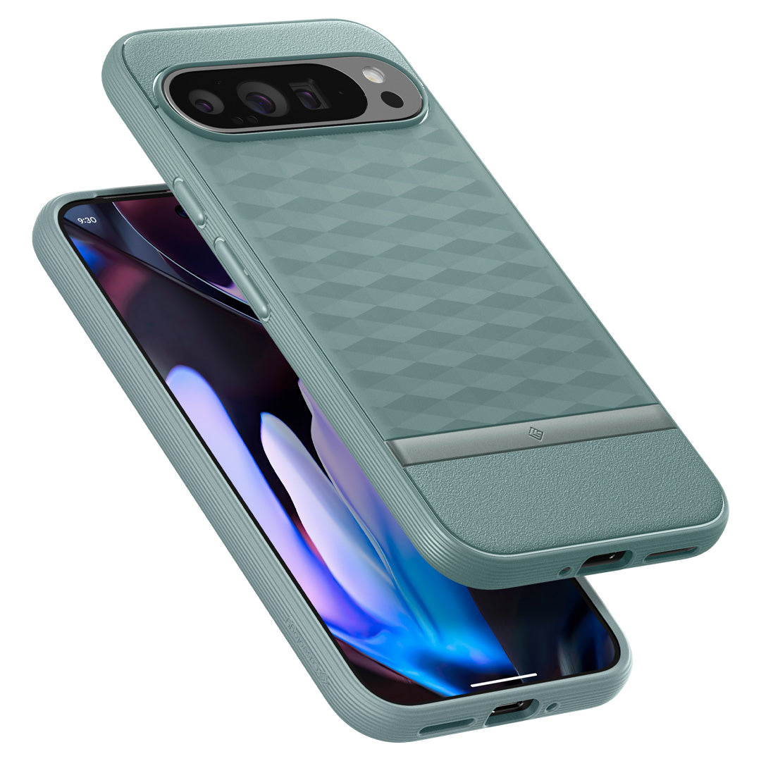 ACS07741 - Pixel 9 Pro XL Case Parallax in Sage Green showing the back, partial side hovering above another device showing partial front, sides and bottom