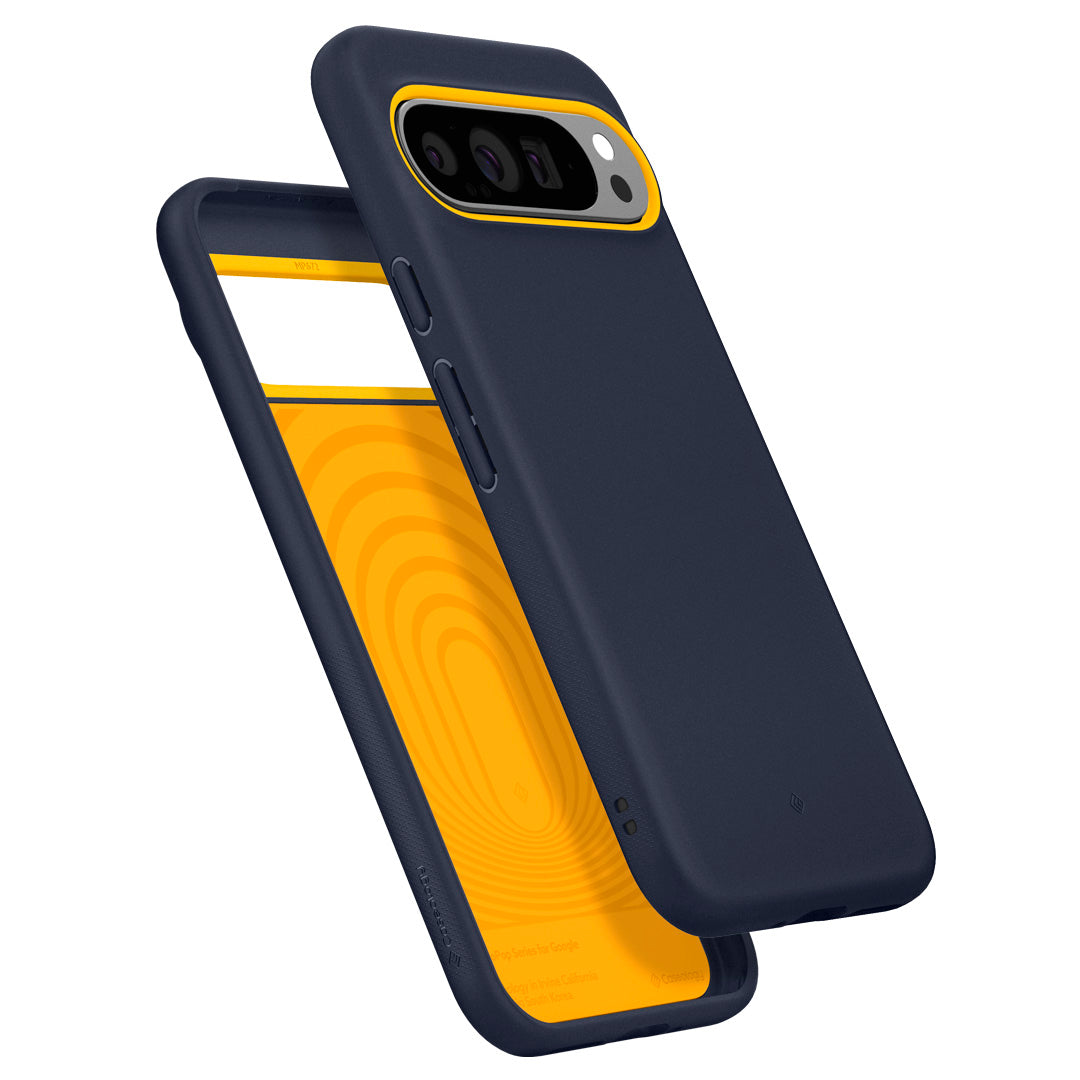 ACS07743 - Pixel 9 Pro XL Case Nano Pop in Blueberry Navy showing the back, partial side hovering above another case showing partial front, side and bottom