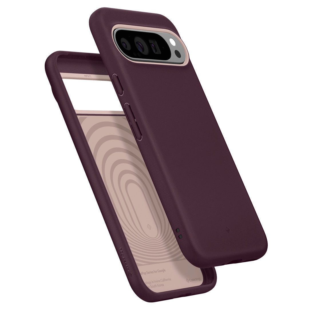 ACS07744 - Pixel 9 Pro XL Case Nano Pop in Burgundy Bean showing the back, partial side hovering above another case showing partial front, side and bottom