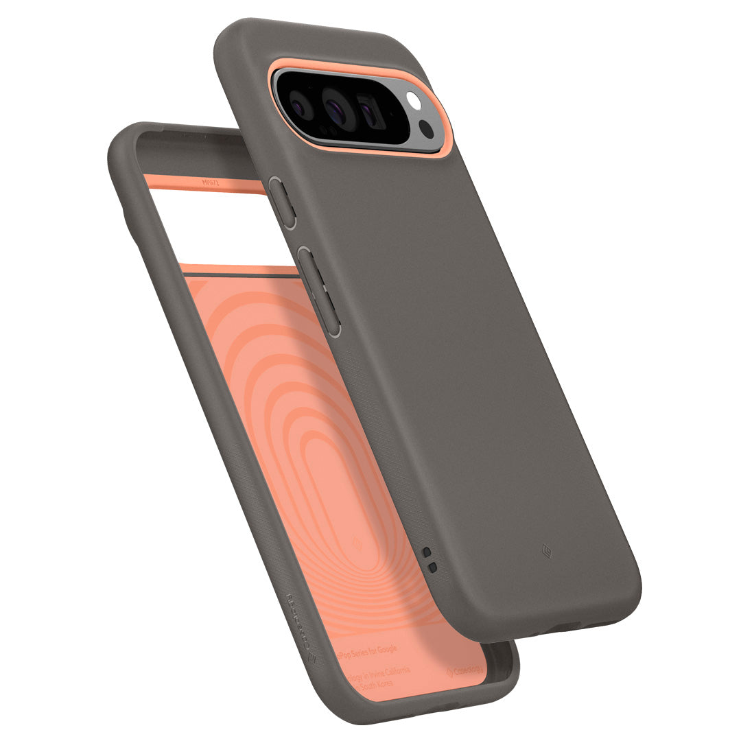 ACS07745 - Pixel 9 Pro XL Case Nano Pop in Papaya Gray showing the back, partial side hovering above another case showing partial front, side and bottom