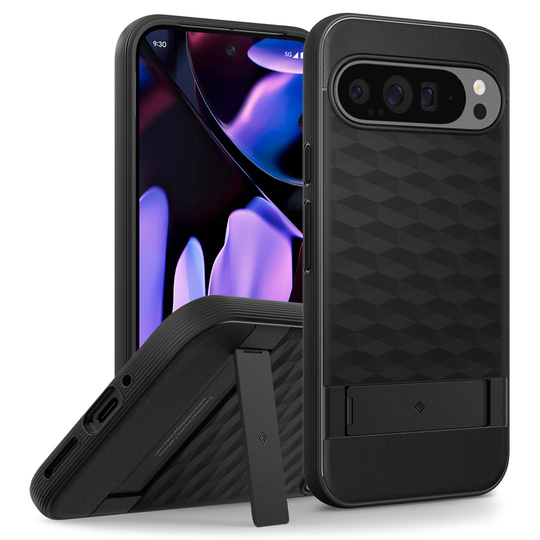 ACS07748 - Pixel 9 Pro XL Case Parallax Kickstand in Matte Black showing the back, partial sides, partial front and partial bottom with a built-in kickstand propped up