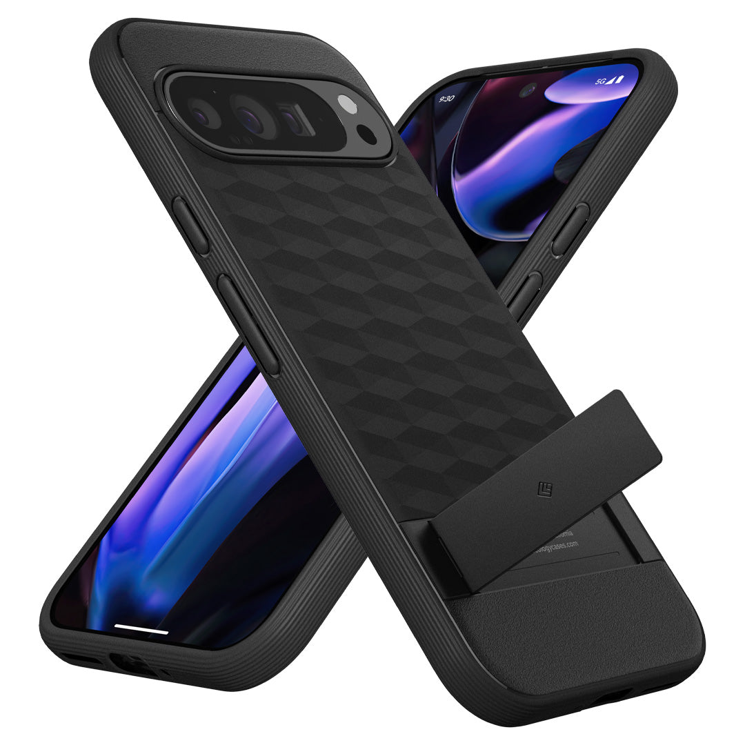 ACS07748 - Pixel 9 Pro XL Case Parallax Kickstand in Matte Black showing the back, partial sides and partial front with built-in kickstand partially open