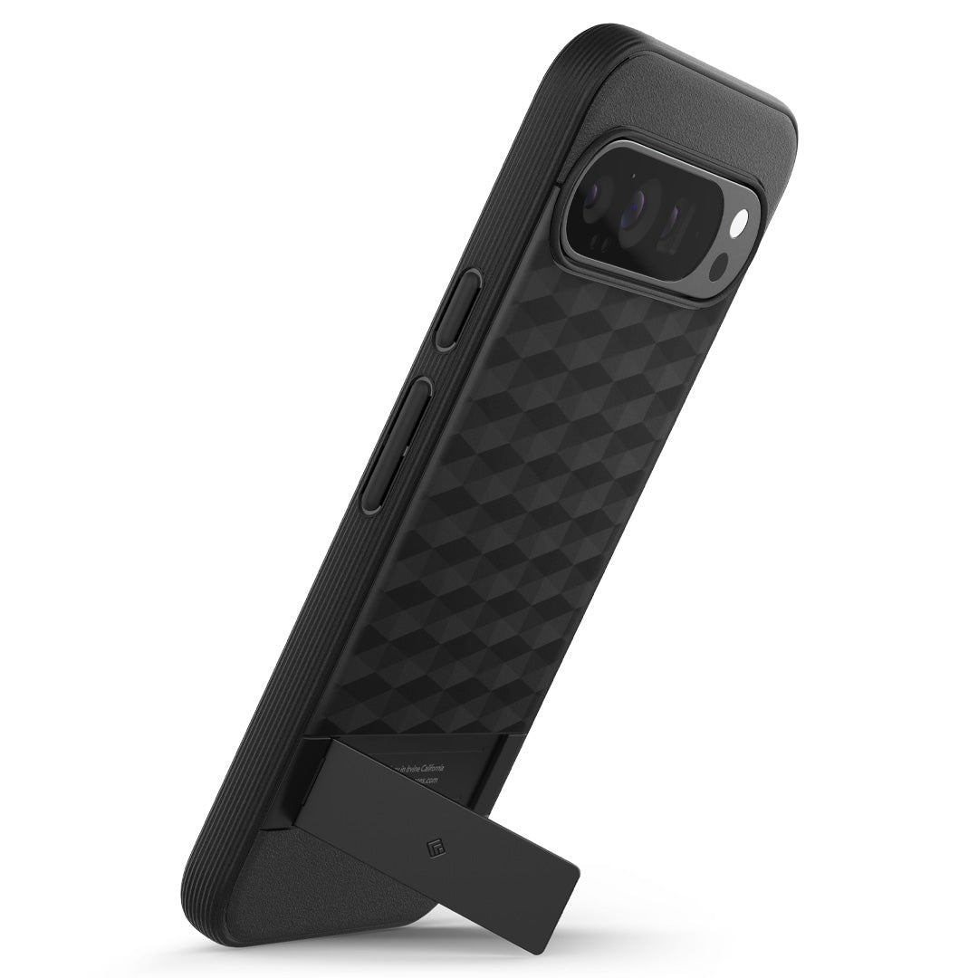 ACS07748 - Pixel 9 Pro XL Case Parallax Kickstand in Matte Black showing the back partial side with built-in kickstand propped up