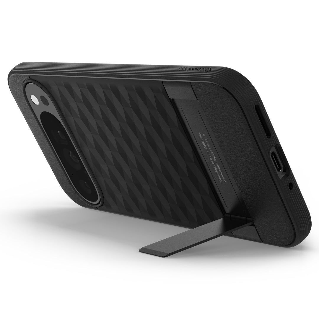 ACS07748 - Pixel 9 Pro XL Case Parallax Kickstand in Matte Black showing the back, partial side and bottom with built-in kickstand propped up