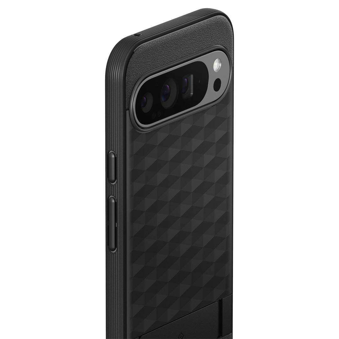 ACS07748 - Pixel 9 Pro XL Case Parallax Kickstand in Matte Black showing the back, partial side and top and with volume buttons