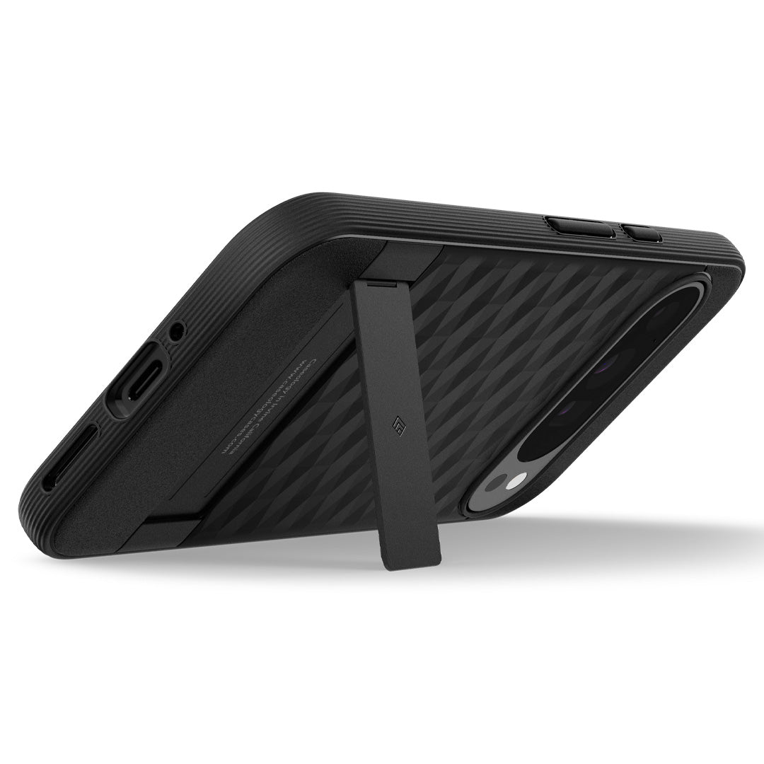 ACS07748 - Pixel 9 Pro XL Case Parallax Kickstand in Matte Black showing the back, partial side and bottom with built-in kickstand propped up