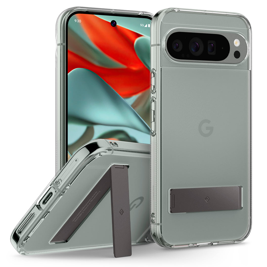 ACS07750 - Pixel 9 Pro XL Case Capella Kickstand in Clear Charcoal Gray showing the back, partial front, sides and bottom showing the built in kickstand propped up