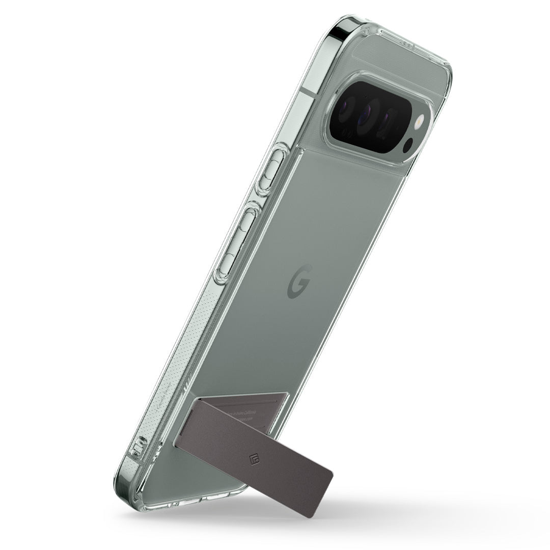 ACS07750 - Pixel 9 Pro XL Case Capella Kickstand in Clear Charcoal Gray showing the partial back and side with built-in kickstand propped up