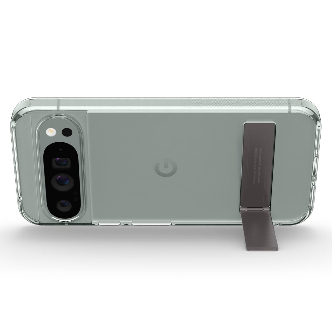 ACS07750 - Pixel 9 Pro XL Case Capella Kickstand in Clear Charcoal Gray showing the back, partial side with built-in kickstand propped up in landscape position