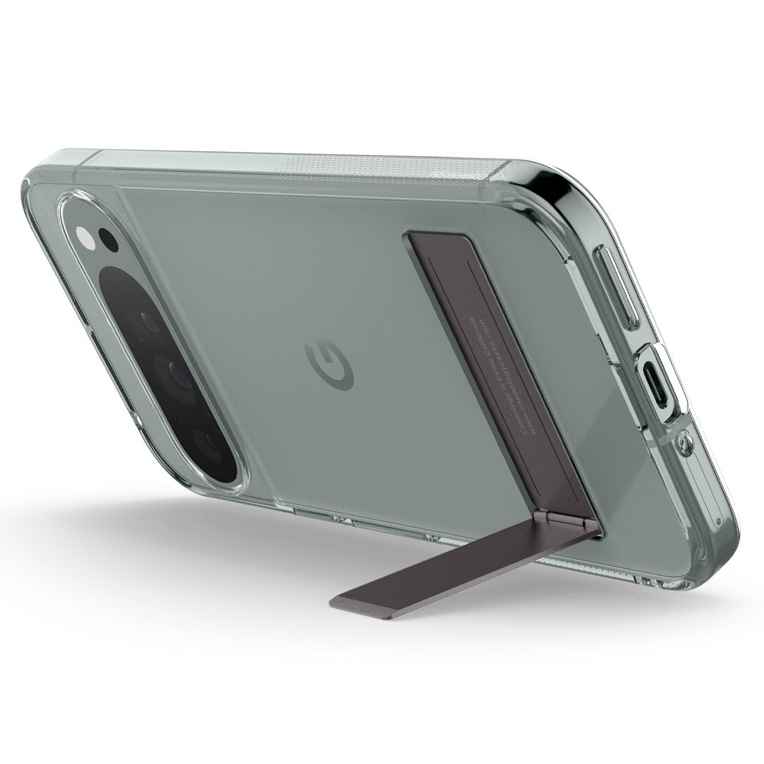 ACS07750 - Pixel 9 Pro XL Case Capella Kickstand in Clear Charcoal Gray showing the back, bottom, and partial side with built-in kickstand propped up in landscape position