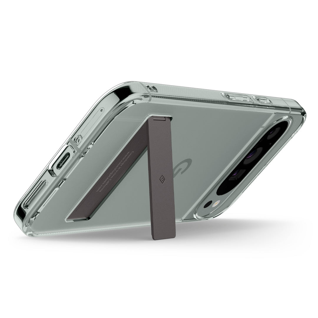 ACS07750 - Pixel 9 Pro XL Case Capella Kickstand in Clear Charcoal Gray showing the back, bottom, and partial side with built-in kickstand propped up in landscape position