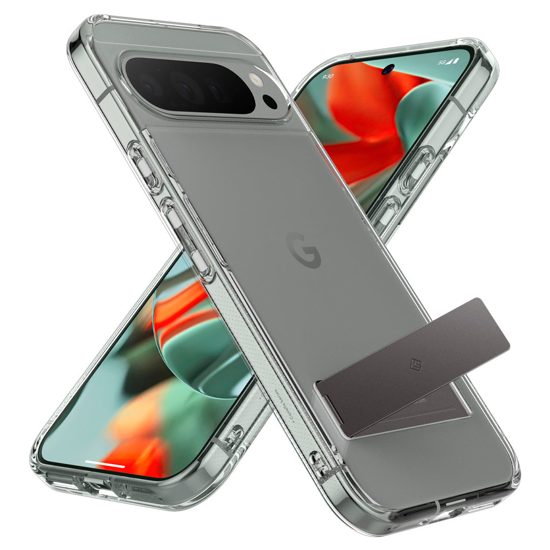 ACS07750 - Pixel 9 Pro XL Case Capella Kickstand in Clear Charcoal Gray showing the back, partial side and front, with built-in kickstand open