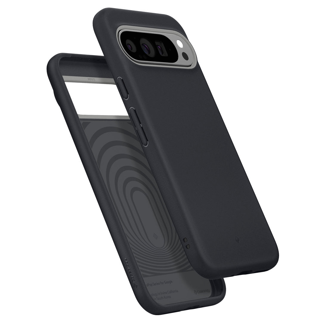 ACS07808 - Pixel 9 Pro XL Case Nano Pop in Black Sesame showing the back, partial side hovering above another case showing partial front, side and bottom