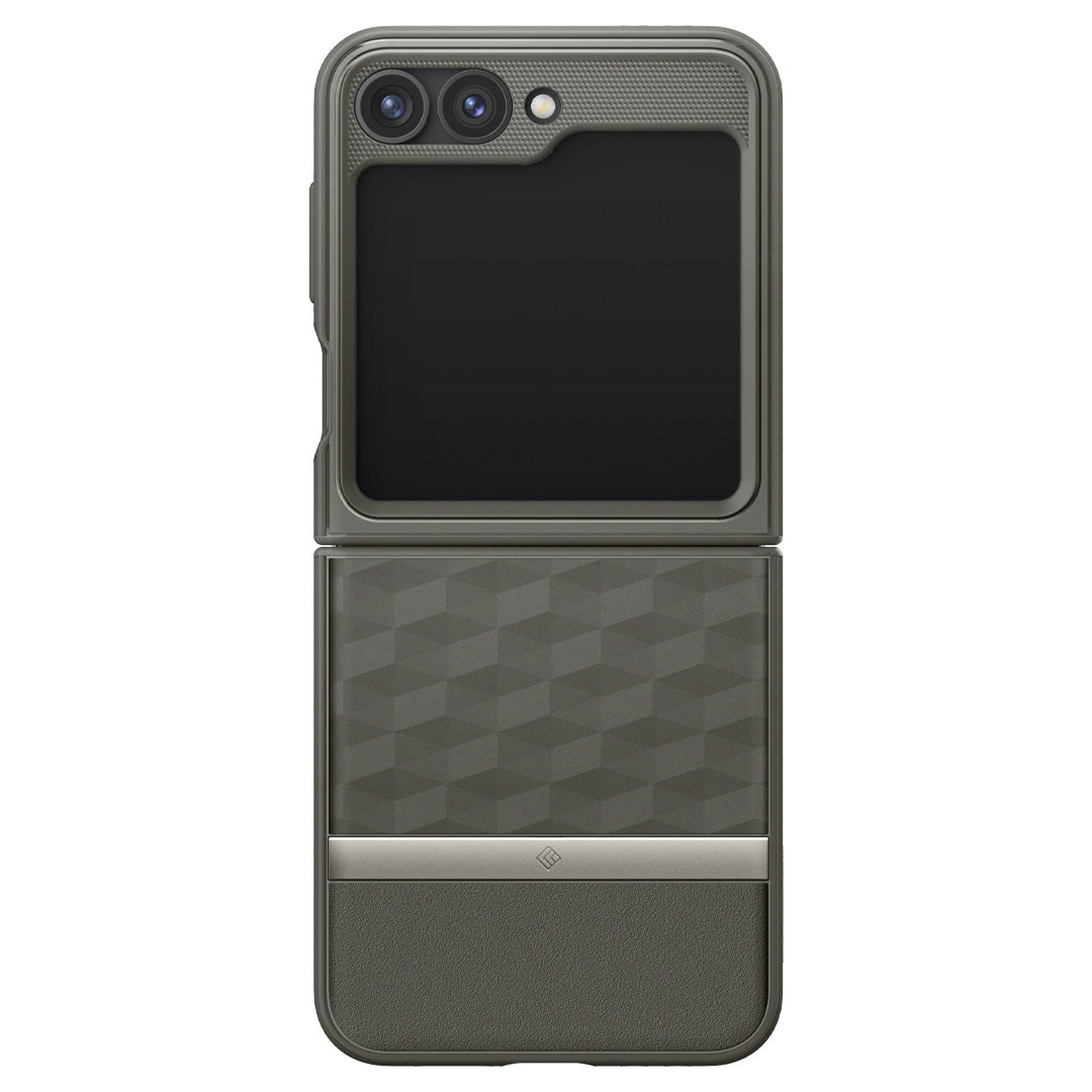 ACS07854 - Galaxy Z Flip 6 Case Parallax in ash gray showing the back with device open