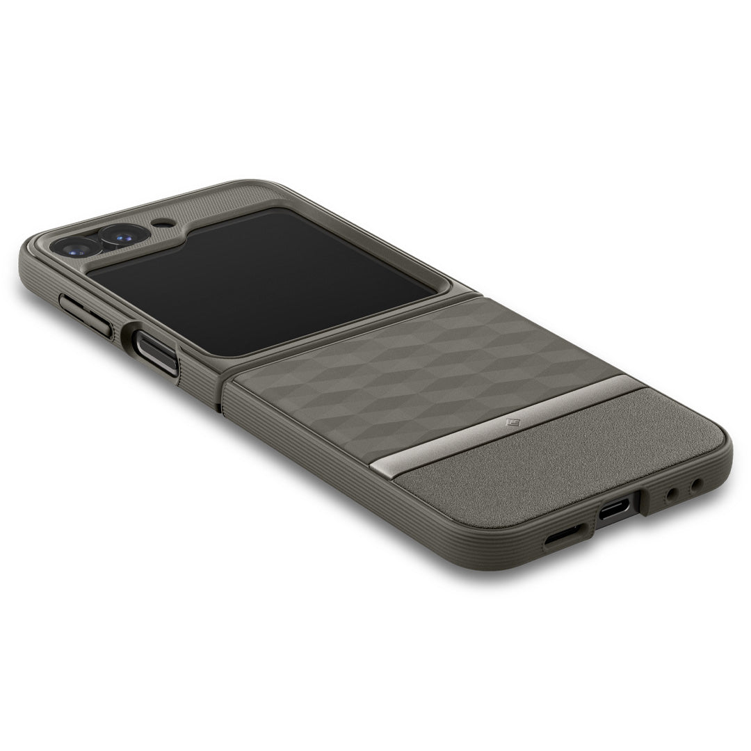 ACS07854 - Galaxy Z Flip 6 Case Parallax in ash gray showing the back, side and bottom with device laying flat