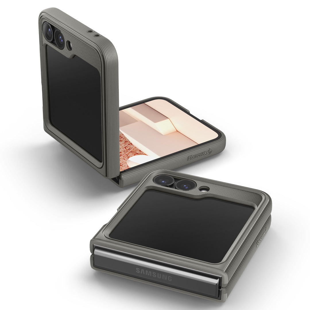 ACS07854 - Galaxy Z Flip 6 Case Parallax in ash gray showing two devices with one fully folded and the other half open