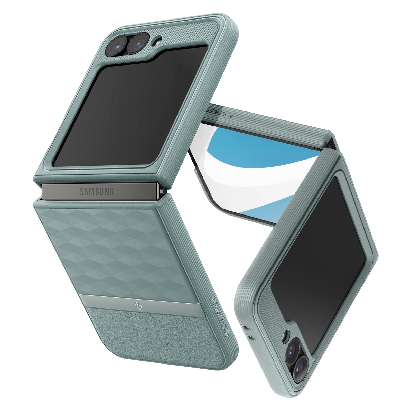 ACS07855 - Galaxy Z Flip 6 Case Parallax in sage green showing the back, side and inside