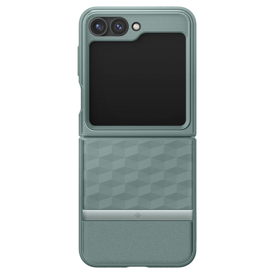 ACS07855 - Galaxy Z Flip 6 Case Parallax in sage green showing the back fully open