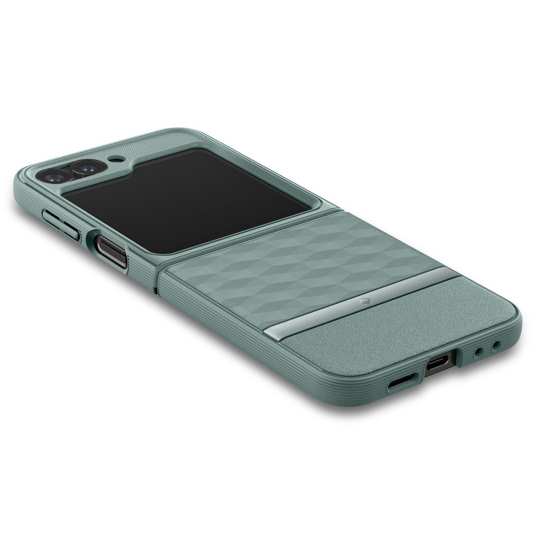 ACS07855 - Galaxy Z Flip 6 Case Parallax in sage green showing the back, side and bottom