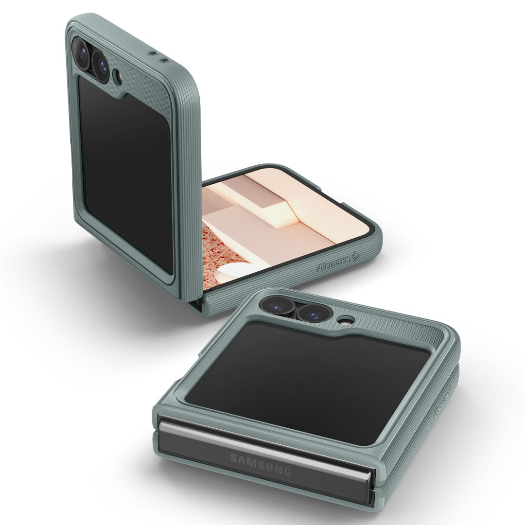 ACS07855 - Galaxy Z Flip 6 Case Parallax in sage green showing two devices with one fully folded and the other half open