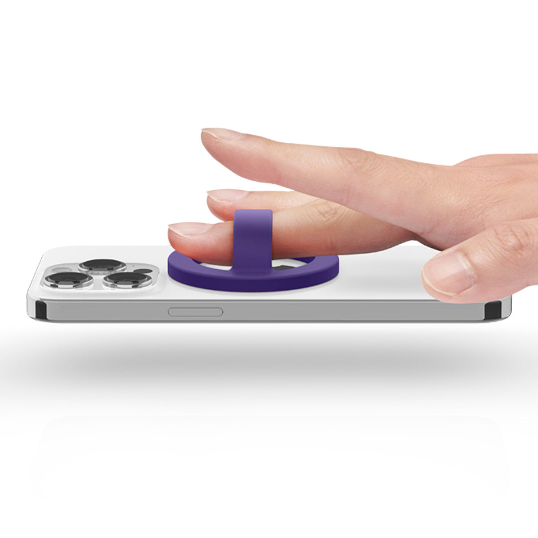 AFA07061 - MagSafe Silicone Phone Holder in purple color on the phone held by a finger