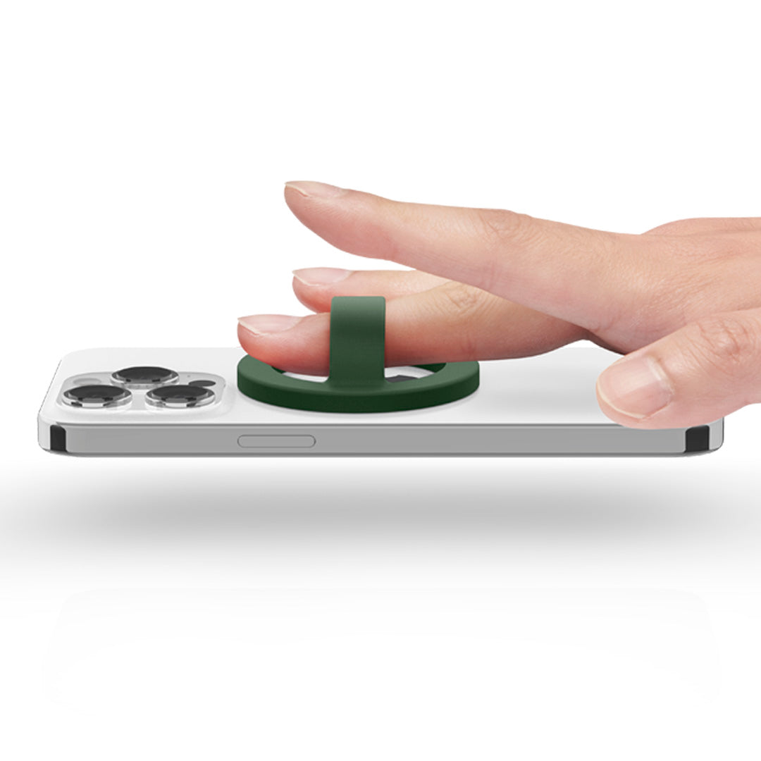 AFA07062 - MagSafe Silicone Phone Holder in green color on the phone held by a finger