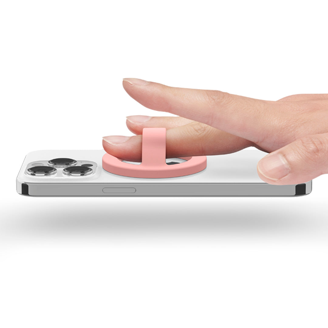 AFA07063 - MagSafe Silicone Phone Holder in pink color on the phone held by a finger