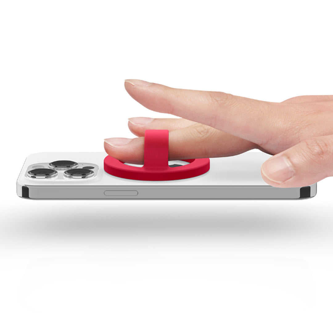 AFA07064 - MagSafe Silicone Phone Holder in red color on the phone held by a finger