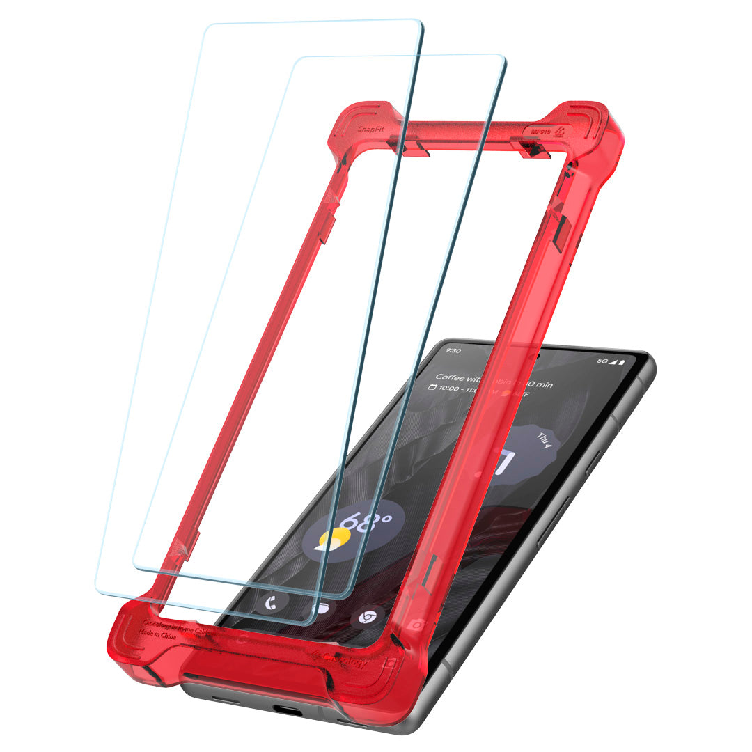 AGL06252 - Pixel 7a Snap Fit (2P) Screen Protector showing the two screen protectors, installation tray and device