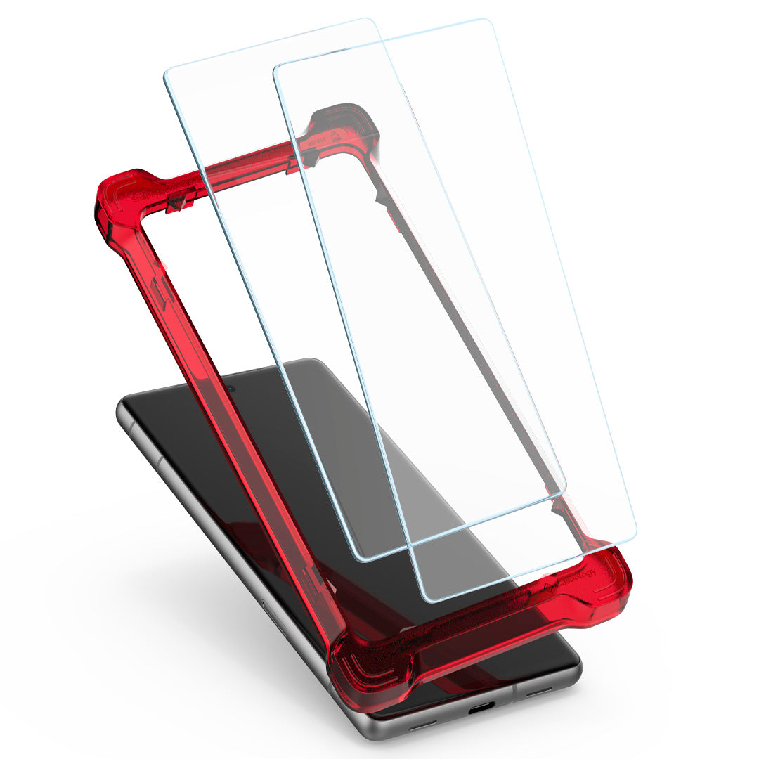 AGL06252 - Pixel 7a Snap Fit (2P) Screen Protector showing two screen protectors and installation tray hovering slightly above device