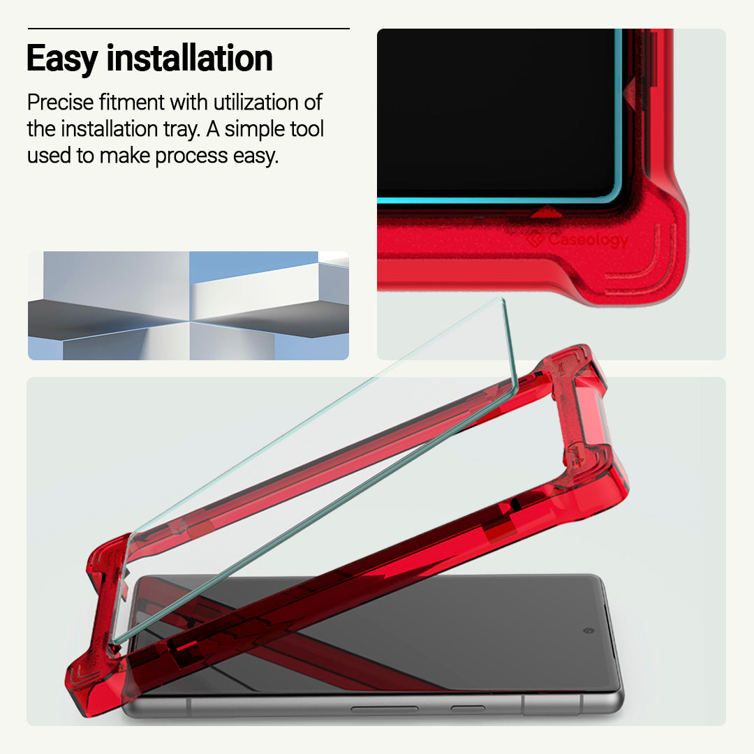 AGL06252 - Pixel 7a Snap Fit (2P) Screen Protector showing the easy installation. Precise fitment with utilization of the installation tray. A simple tool used to make process easy.