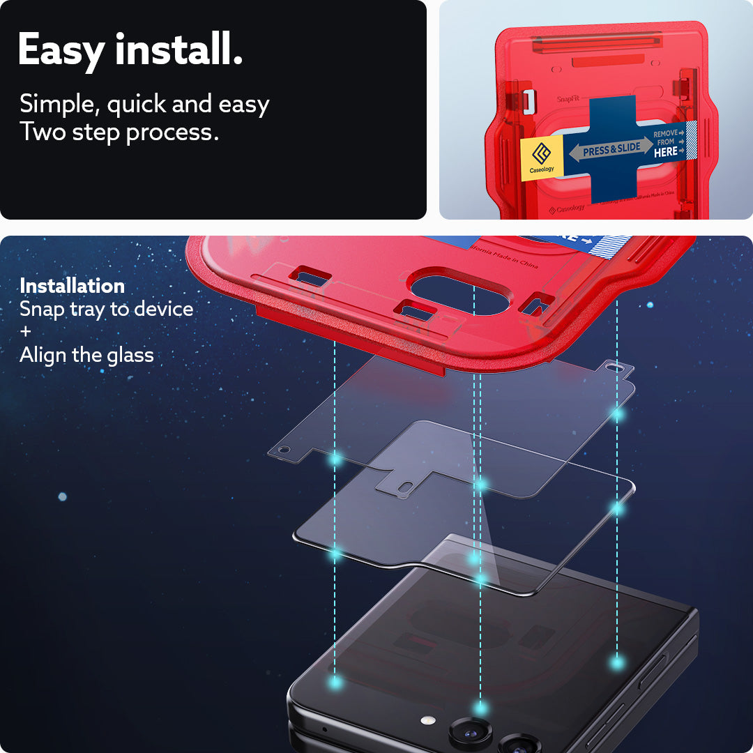 AGL06843 - Galaxy Z Flip 5 Screen Protector Snap Fit (2P) showing the easy install. Simple, quick and easy two step process. Installation is snap tray to device and align the glass.