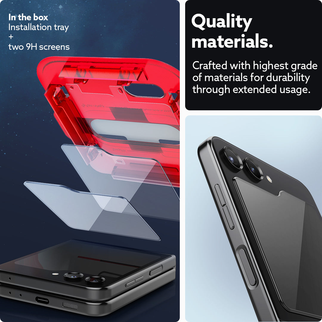 AGL06843 - Galaxy Z Flip 5 Screen Protector Snap Fit (2P) showing the quality materials. Crafted with highest grade of material for durability through extended usage. In the box: installation try and two screen protectors