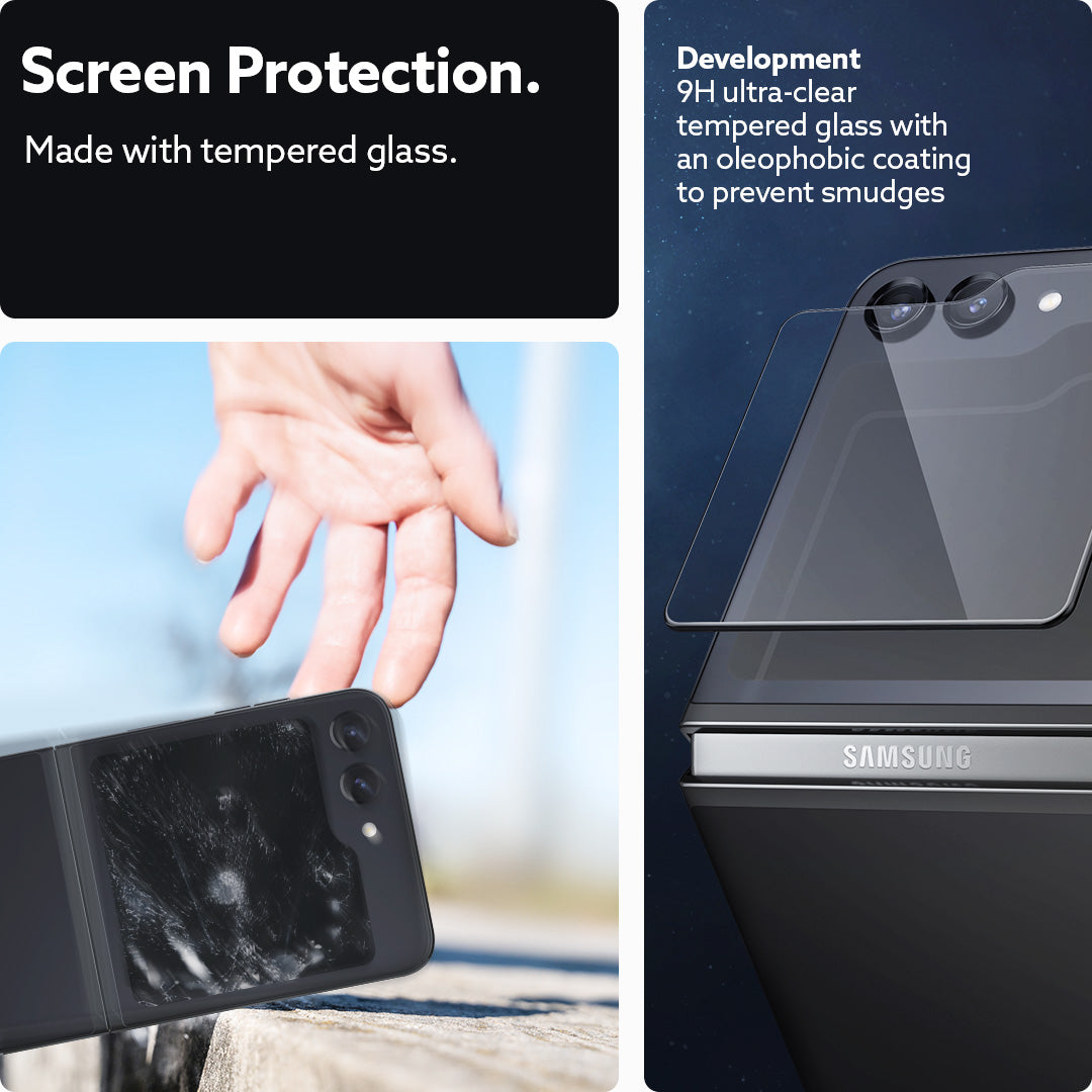 AGL06843 - Galaxy Z Flip 5 Screen Protector Snap Fit (2P) showing the screen protection. Made with tempered glass. Development: 9h ultra clear tempered glass with an oleophobic coating to prevent smudges