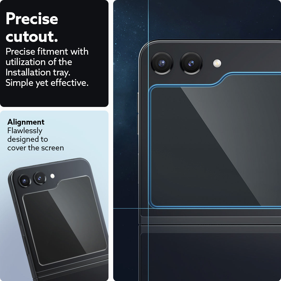 AGL06843 - Galaxy Z Flip 5 Screen Protector Snap Fit (2P) showing the precise cutouts. Precise fitment with utilization of the installation tray. Simple yet effective. Alignment - flawlessly designed to cover the screen.