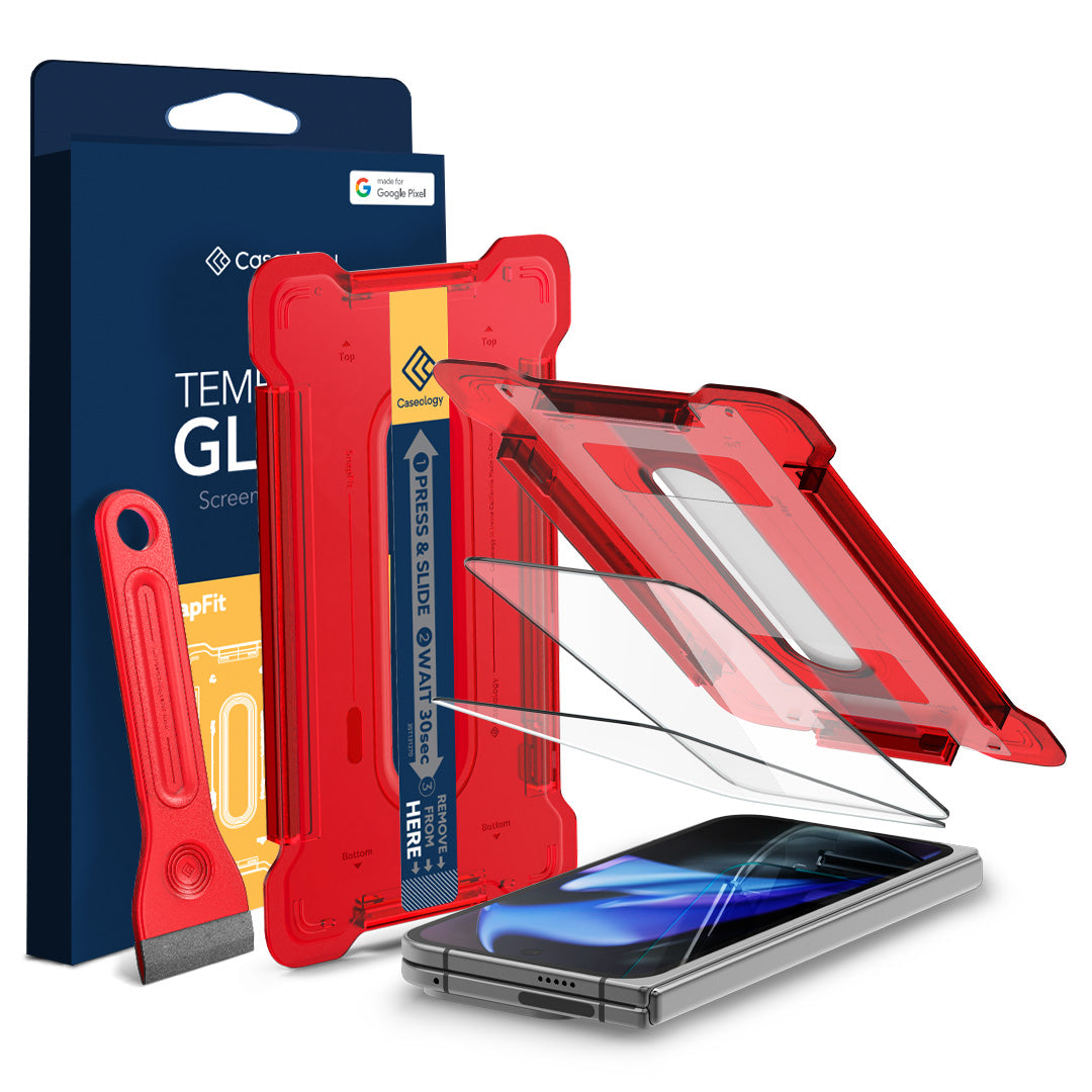 AGL08495 - Google Pixel 9 Pro Fold Snap Fit Glass Screen Protector showing the installation tray hovering above 2 screen protectors and the device beside it, is another installation tray, squeegee and the packaging