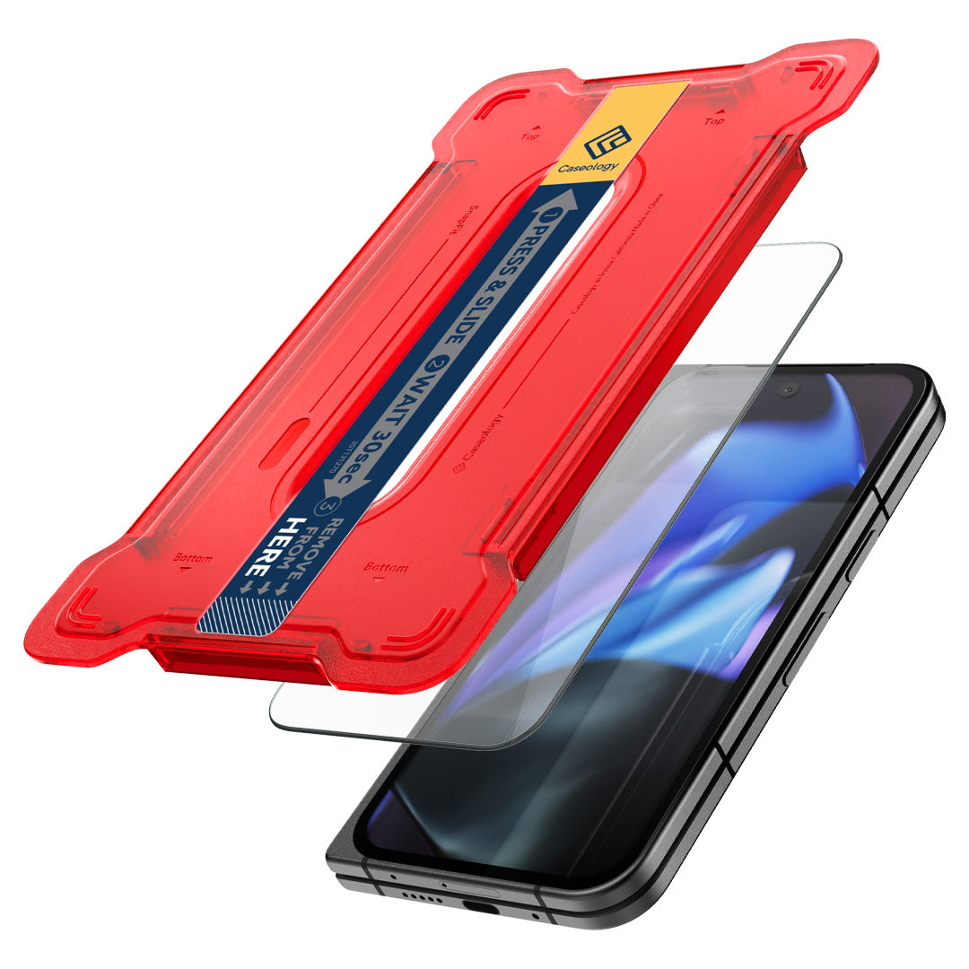 AGL08495 - Google Pixel 9 Pro Fold Snap Fit Glass Screen Protector showing the top of installation tray hovering above the screen protector and the device