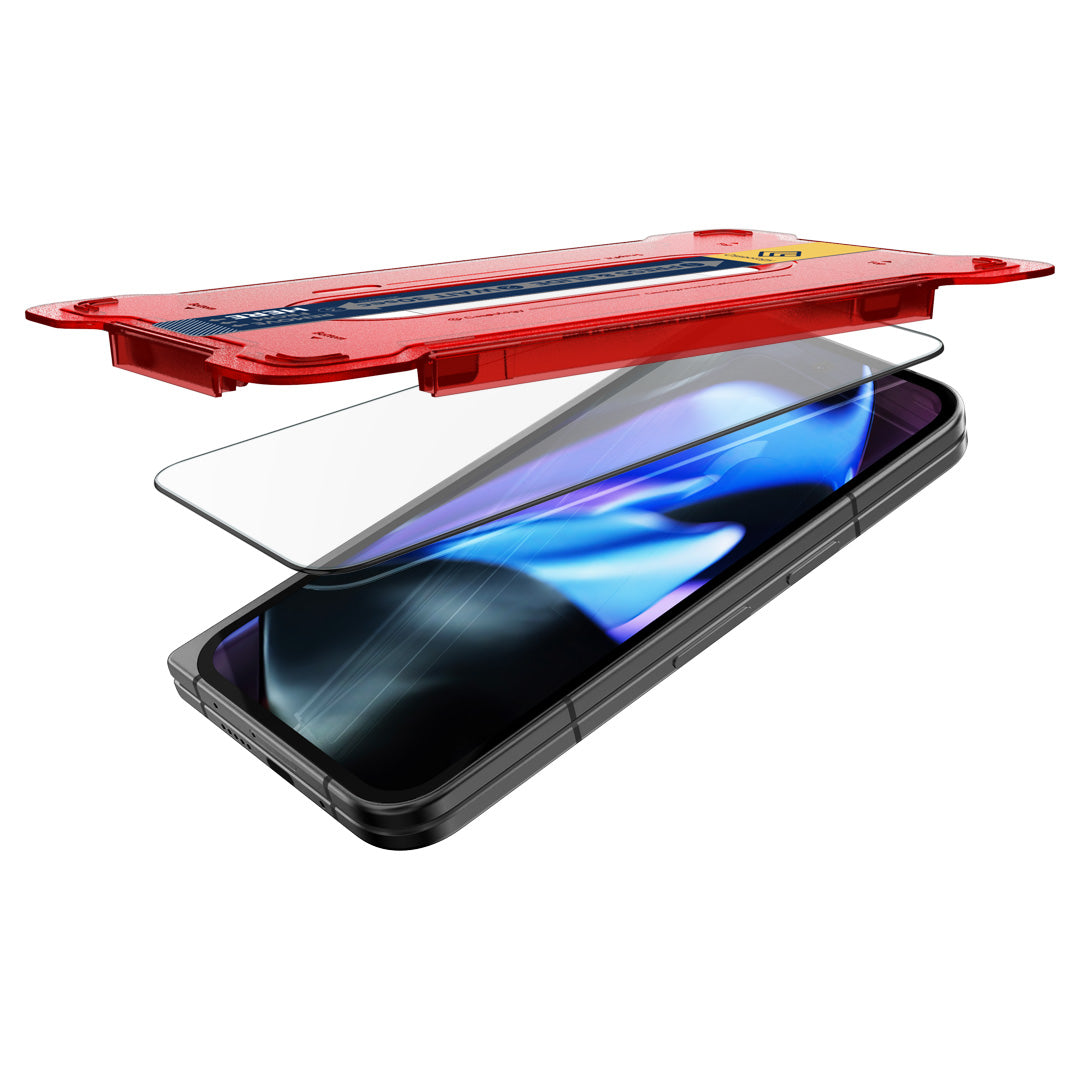 AGL08495 - Google Pixel 9 Pro Fold Snap Fit Glass Screen Protector showing the partial top of the installation tray hovering above the screen protector and the device