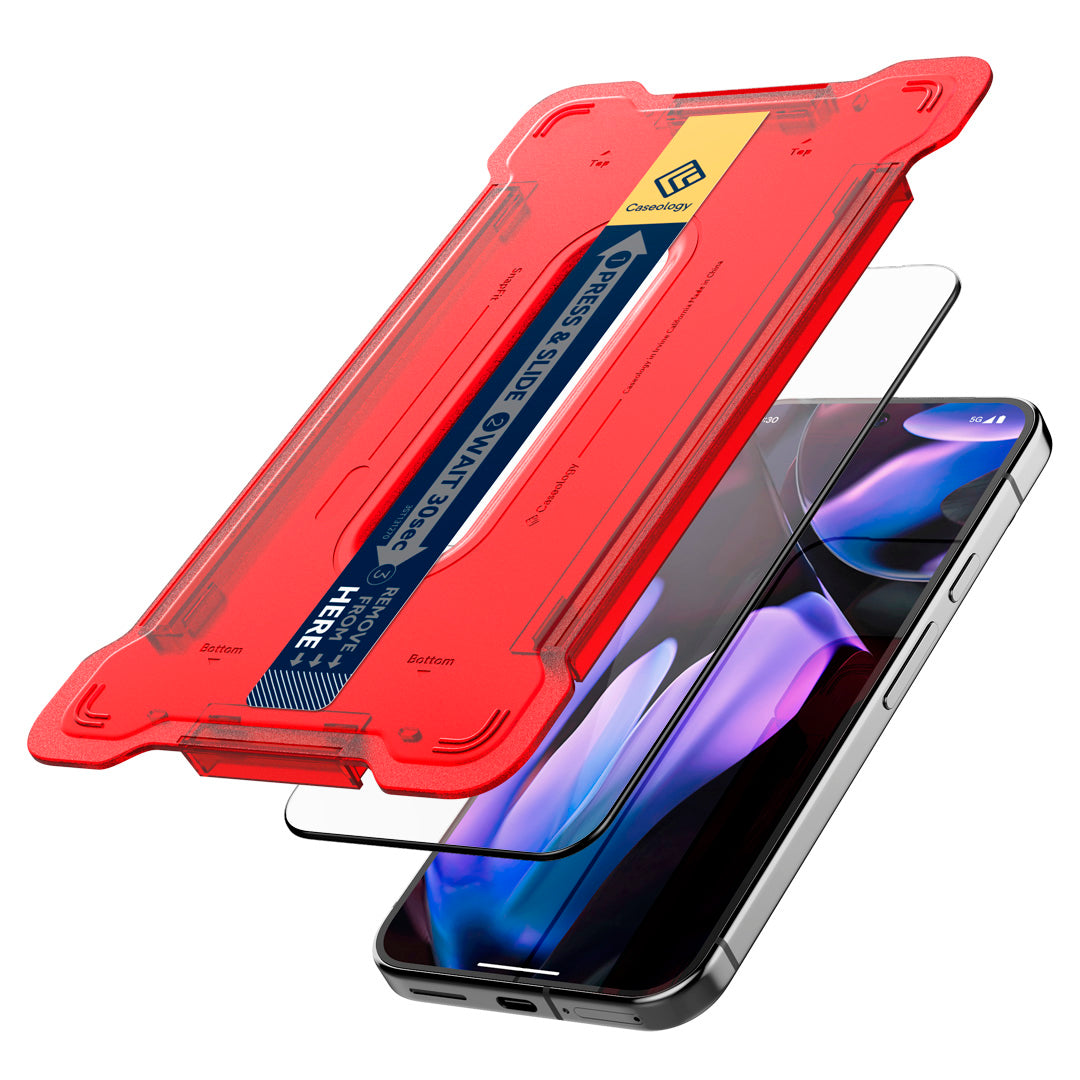 AGL08496 - Google Pixel 9 / 9 Pro Snap Fit Glass Screen Protector showing the top of installation tray hovering above the screen protector and the device