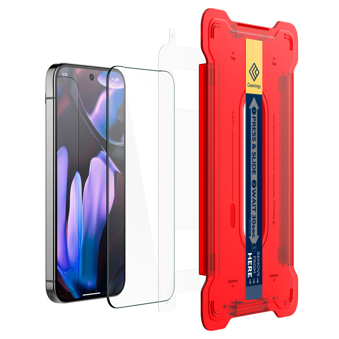 AGL08496 - Google Pixel 9 / 9 Pro Snap Fit Glass Screen Protector showing the installation tray, aligned with the screen film, screen protector and the device