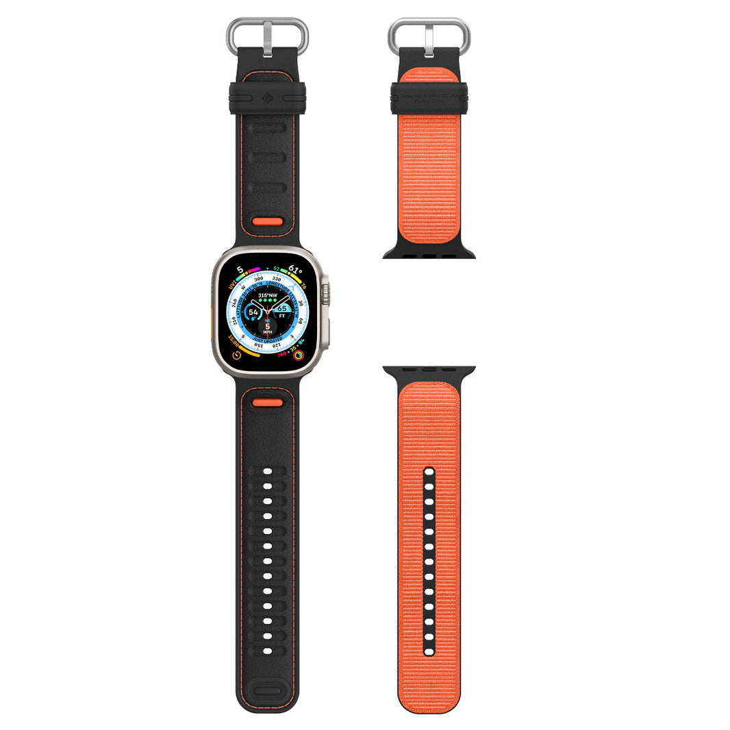 AMP06250 - Apple Watch Series (49/45/44/42mm) Athlex Band in Active Orange showing the front and sides and inner sides of the band