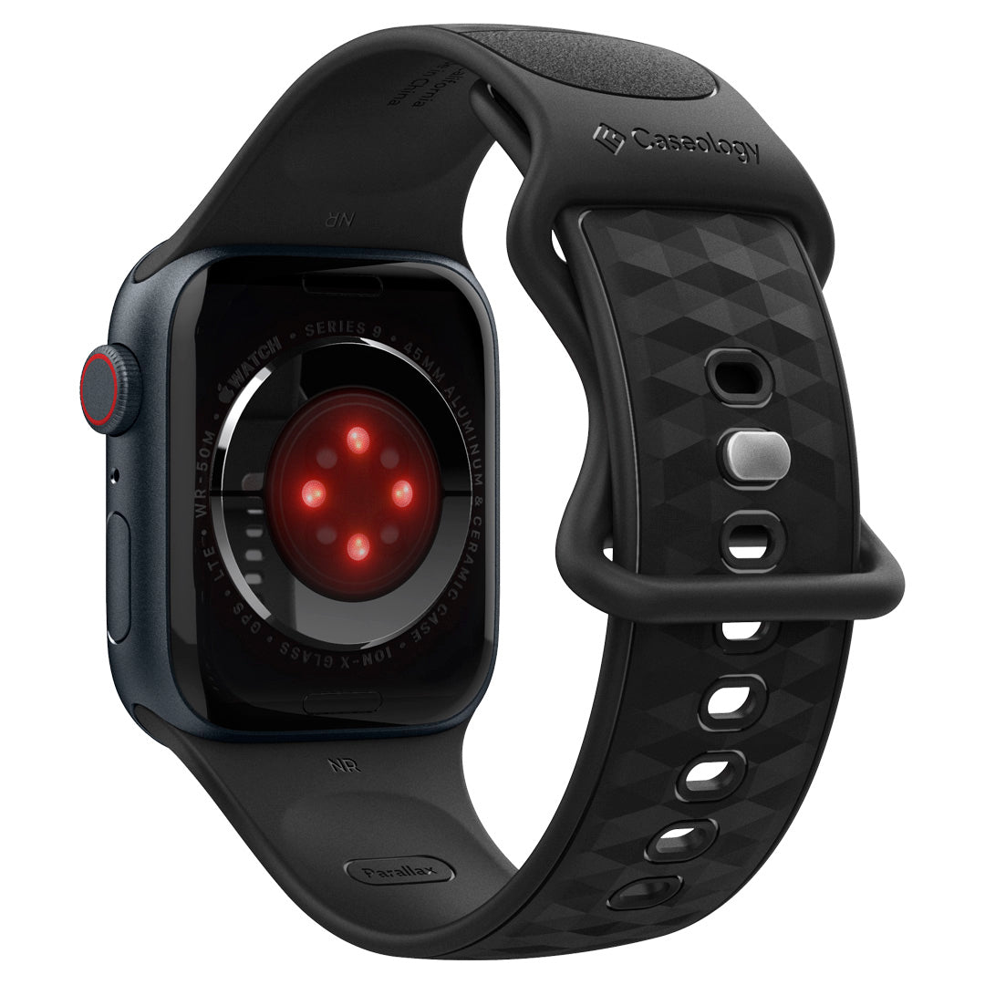 AMP07135 - Apple Watch Band Parallax (49/45/44/42mm) in Matte Black showing the back, partial side and inner side and bottom