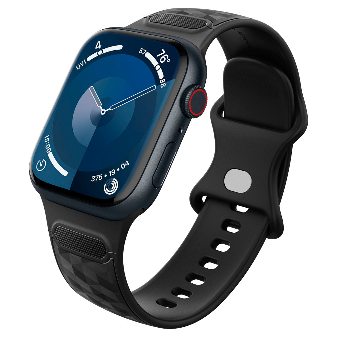 AMP07135 - Apple Watch Band Parallax (49/45/44/42mm) in Matte Black showing the front, partial sides, inner and bottom of the band