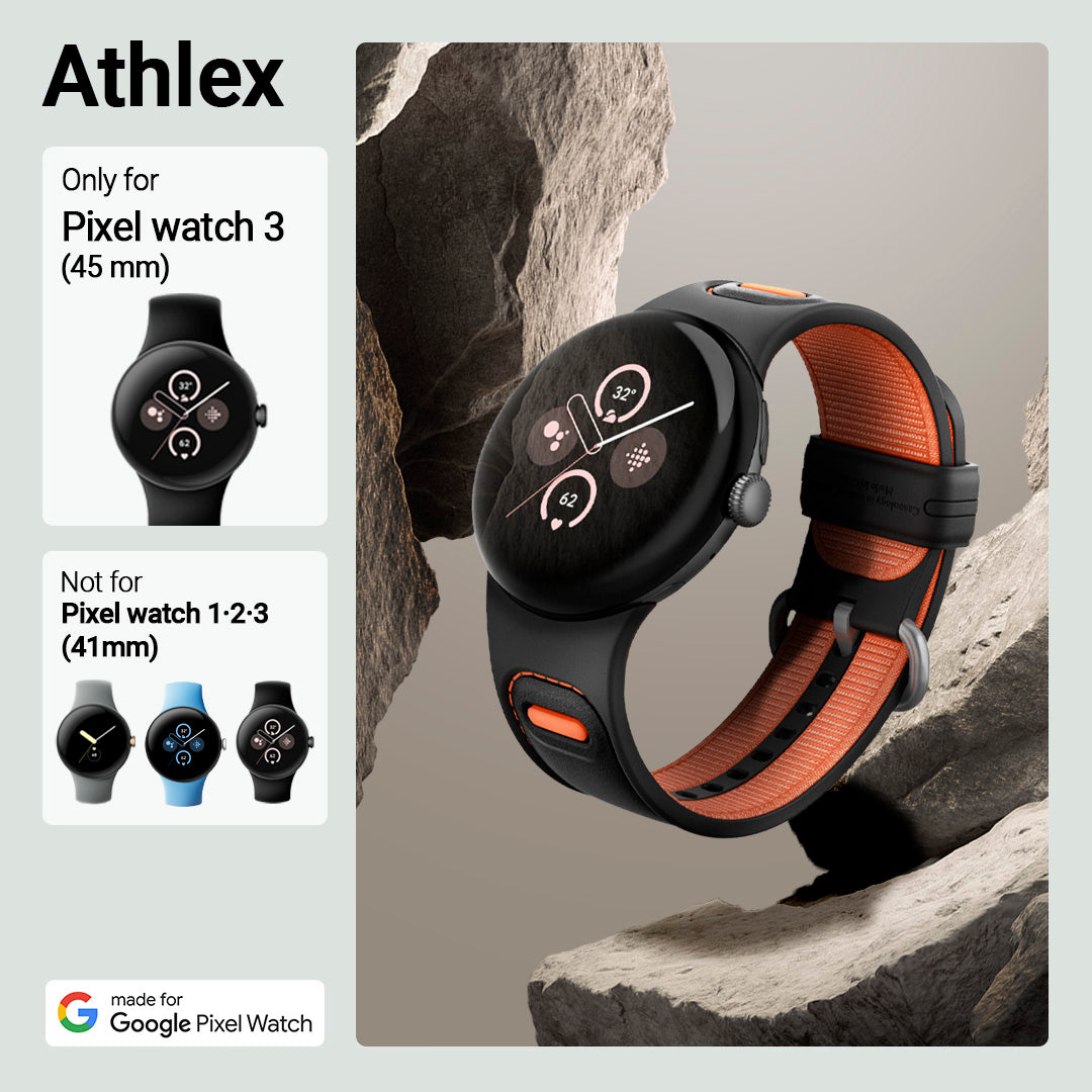 AMP07620 - Pixel Watch 3 (45mm) Athlex Band in Active Orange showing the compatibility with the Pixel Watch 3 (45mm) and not compatible with 1-2-3 (41mm)