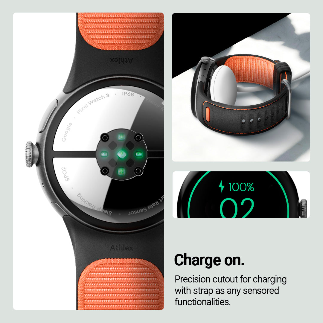 AMP07620 - Pixel Watch 3 (45mm) Athlex Band in Active Orange showing the precision cutout for charging